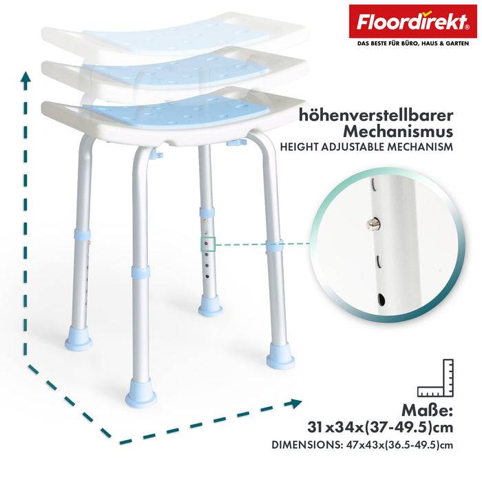 FLOORDIREKT Duschhocker Nora - Höhenverstellbarer Duschsitz mit rutschhemmenden Standfüßen - Vielseitig einsetzbar - Belastbar bis 136 kg