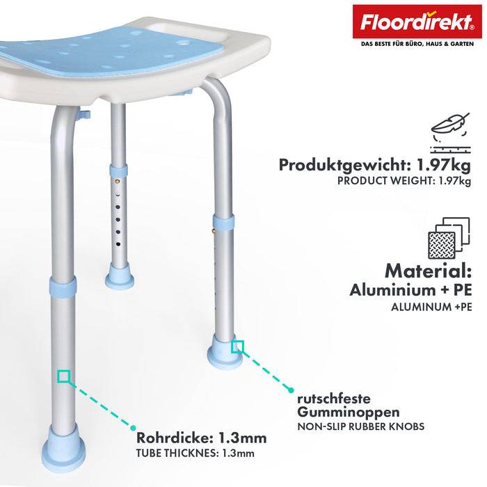 FLOORDIREKT Duschhocker Nora - Höhenverstellbarer Duschsitz mit rutschhemmenden Standfüßen - Vielseitig einsetzbar - Belastbar bis 136 kg