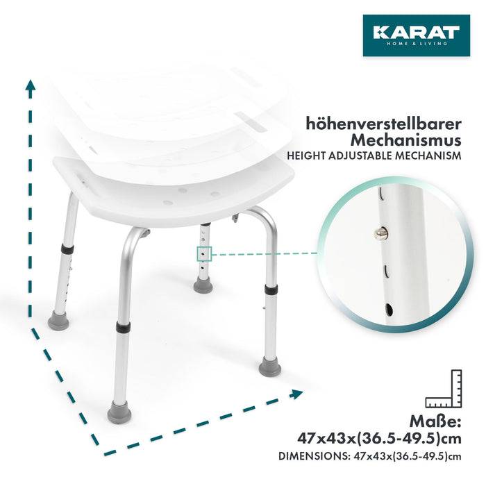 KARAT Duschhocker Noah Plus - Höhenverstellbarer Duschsitz mit rutschhemmenden Standfüßen - Perforierte Sitzfläche - Belastbar bis 136 kg
