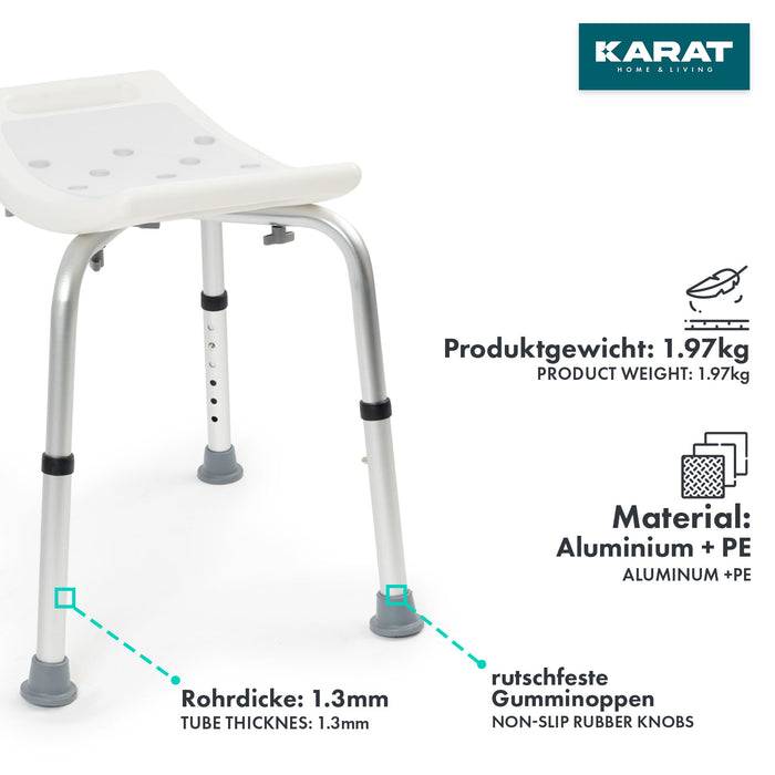 KARAT Duschhocker Noah Plus - Höhenverstellbarer Duschsitz mit rutschhemmenden Standfüßen - Perforierte Sitzfläche - Belastbar bis 136 kg