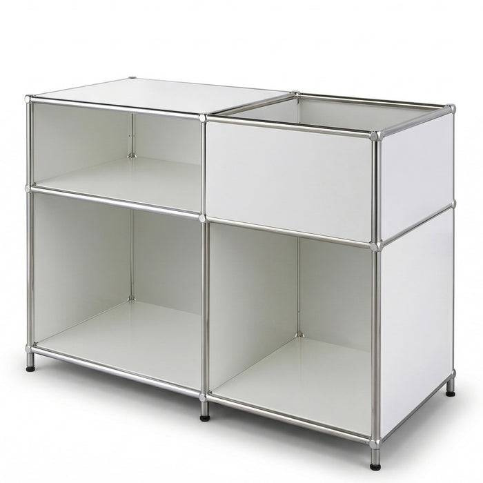 FLOORDIREKT Metallregal Concept Epure MK-030 - Offenes Sideboard & Ablageregal - 3 Ablageflächen & Stauraumfach - Weiß