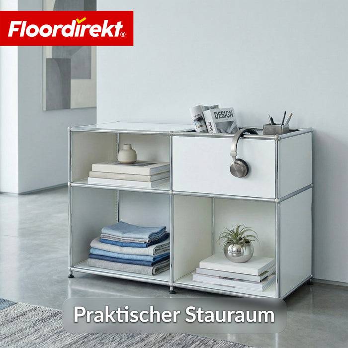 FLOORDIREKT Metallregal Concept Epure MK-030 - Offenes Sideboard & Ablageregal - 3 Ablageflächen & Stauraumfach - Weiß