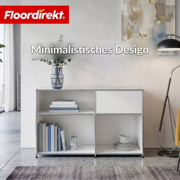 FLOORDIREKT Metallregal Concept Epure MK-030 - Offenes Sideboard & Ablageregal - 3 Ablageflächen & Stauraumfach - Weiß