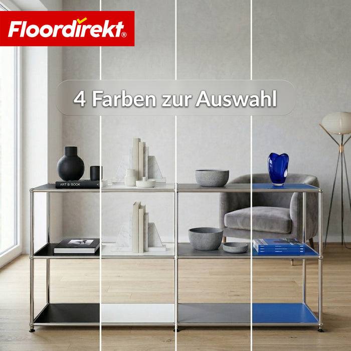 FLOORDIREKT Metallregal Concept Epure MK-030 - Offenes Sideboard & Ablageregal - 3 Ablageflächen & Stauraumfach - Weiß