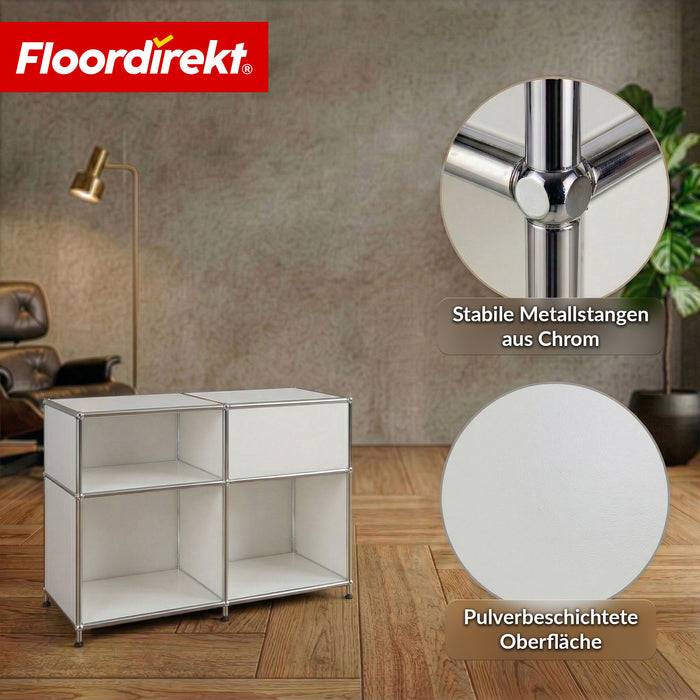 FLOORDIREKT Metallregal Concept Epure MK-030 - Offenes Sideboard & Ablageregal - 3 Ablageflächen & Stauraumfach - Weiß