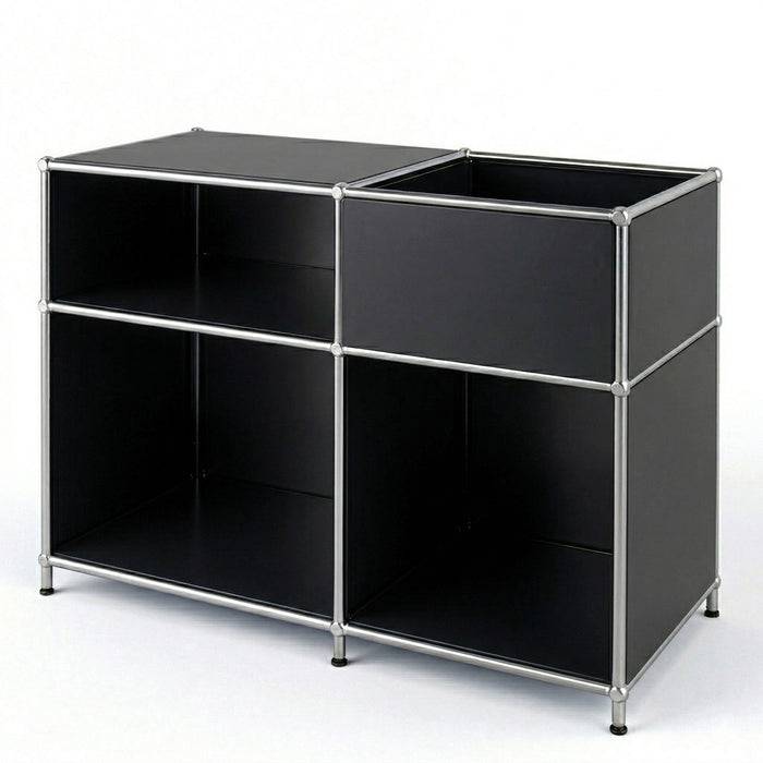 FLOORDIREKT Metallregal Concept Epure MK-030 - Offenes Sideboard & Ablageregal - 3 Ablageflächen & Stauraumfach - Schwarz