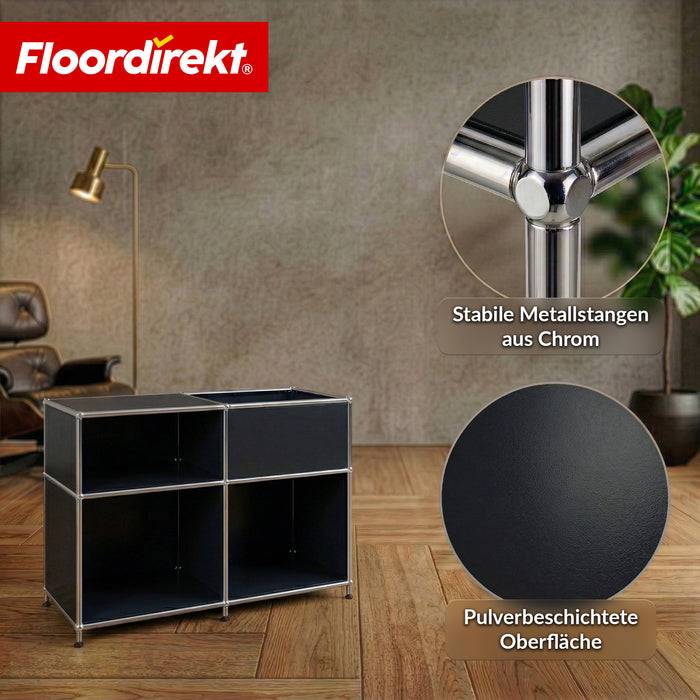 FLOORDIREKT Metallregal Concept Epure MK-030 - Offenes Sideboard & Ablageregal - 3 Ablageflächen & Stauraumfach - Schwarz