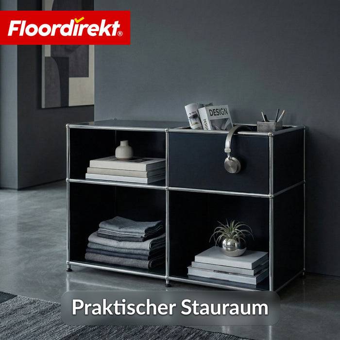 FLOORDIREKT Metallregal Concept Epure MK-030 - Offenes Sideboard & Ablageregal - 3 Ablageflächen & Stauraumfach - Schwarz