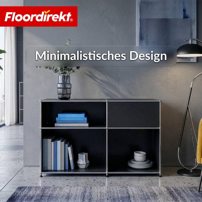FLOORDIREKT Metallregal Concept Epure MK-030 - Offenes Sideboard & Ablageregal - 3 Ablageflächen & Stauraumfach - Schwarz