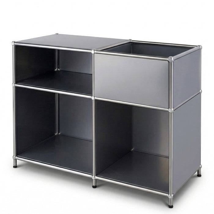 FLOORDIREKT Metallregal Concept Epure MK-030 - Offenes Sideboard & Ablageregal - 3 Ablageflächen & Stauraumfach - Grau