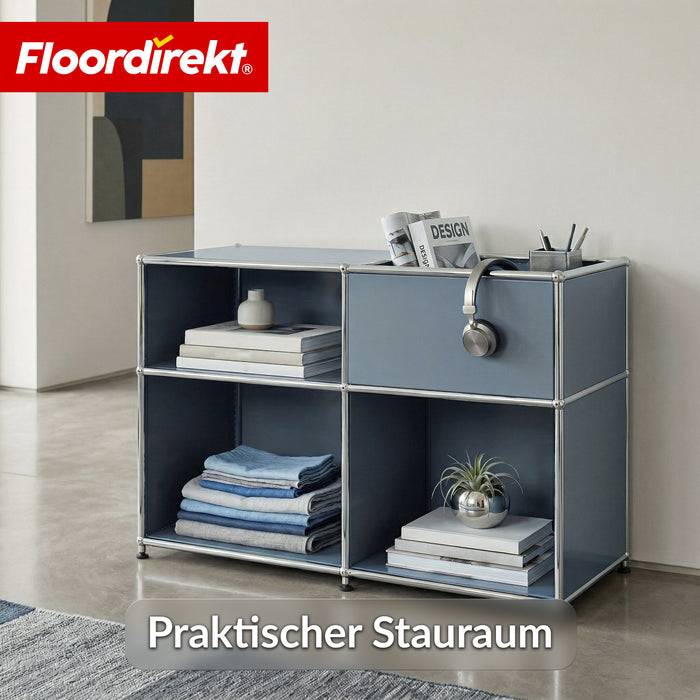 FLOORDIREKT Metallregal Concept Epure MK-030 - Offenes Sideboard & Ablageregal - 3 Ablageflächen & Stauraumfach - Grau