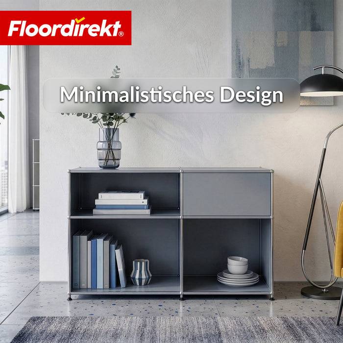 FLOORDIREKT Metallregal Concept Epure MK-030 - Offenes Sideboard & Ablageregal - 3 Ablageflächen & Stauraumfach - Grau