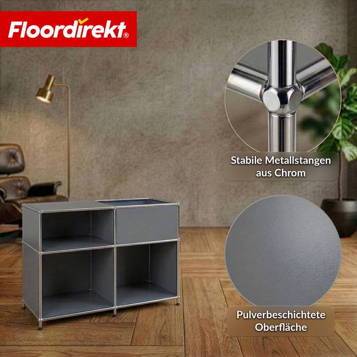 FLOORDIREKT Metallregal Concept Epure MK-030 - Offenes Sideboard & Ablageregal - 3 Ablageflächen & Stauraumfach - Grau
