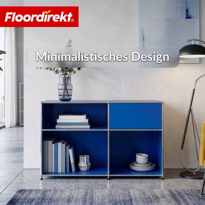 FLOORDIREKT Metallregal Concept Epure MK-030 - Offenes Sideboard & Ablageregal - 3 Ablageflächen & Stauraumfach - Blau
