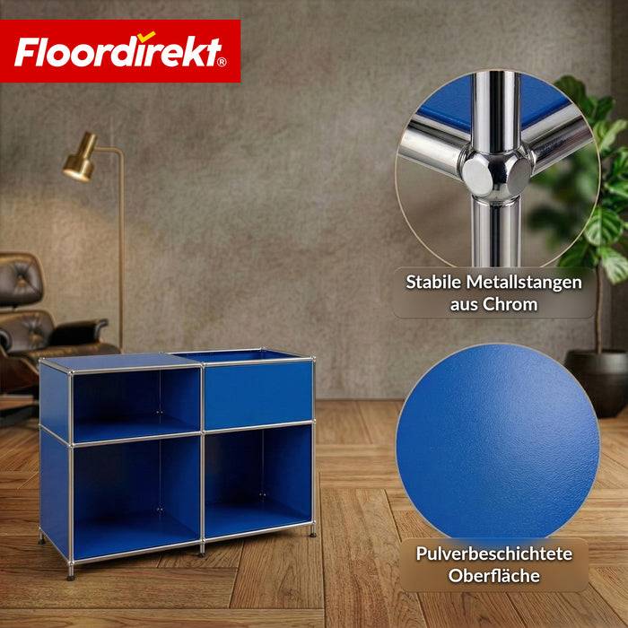 FLOORDIREKT Metallregal Concept Epure MK-030 - Offenes Sideboard & Ablageregal - 3 Ablageflächen & Stauraumfach - Blau