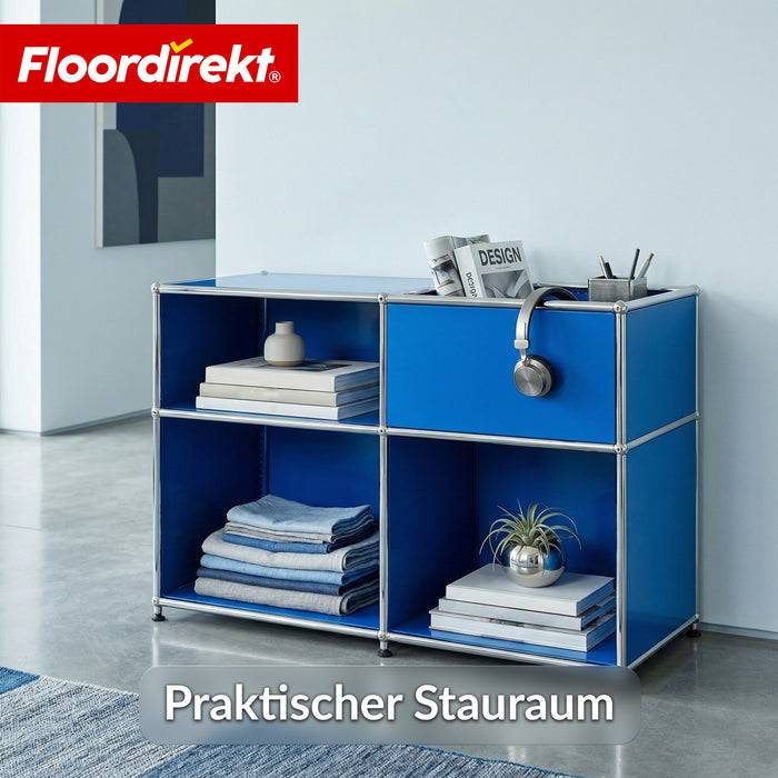 FLOORDIREKT Metallregal Concept Epure MK-030 - Offenes Sideboard & Ablageregal - 3 Ablageflächen & Stauraumfach - Blau