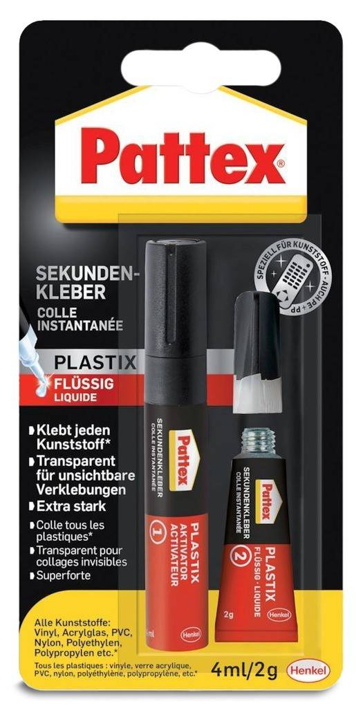 Pattex Sekundenkleber Plastik flüssigProduktbeschreibung Schnelles, einfaches, zweiteiliges System, bestehend aus einem Aktivator und einem Cyanac
