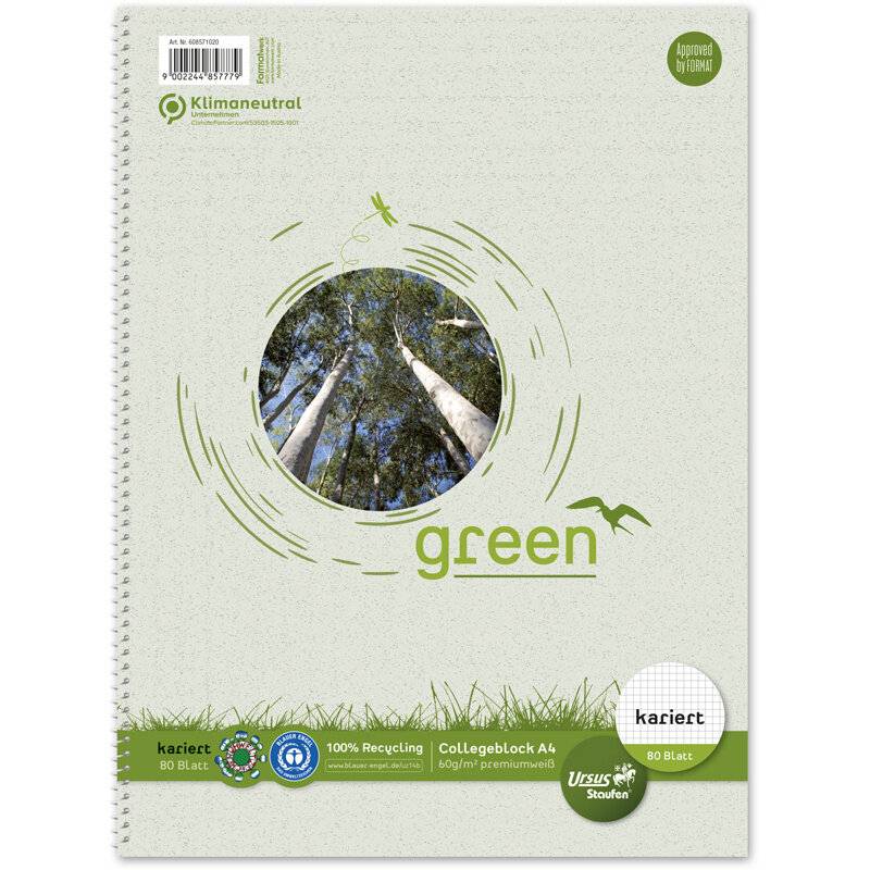 Staufen Collegeblock Staufen green paper 608571020 - A4 210 x 297 mm weiß kariert Lineatur22 5 x 5 mm 80 Blatt Blauen Engel weißes Qualitätspapier