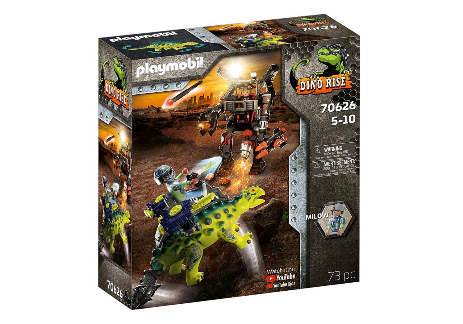 Playmobil Dino Rise Spielzeugset-Box, auf der ein Roboter gegen einen grünen Dinosaurier kämpft; Set 70626, Alter 5-10 Jahre, 73 Teile.