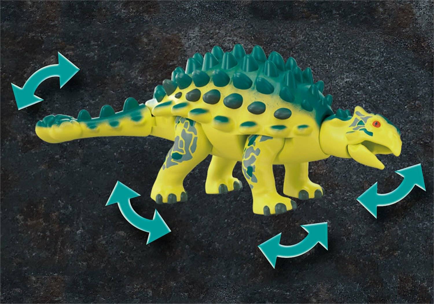 Ein gelb-grünes Spielzeug-Dinosaurier mit rotierenden Teilen wird vor einem dunklen Hintergrund gezeigt, mit gekrümmten Pfeilen, die Bewegung oder verstellbare Bewegung anzeigen.