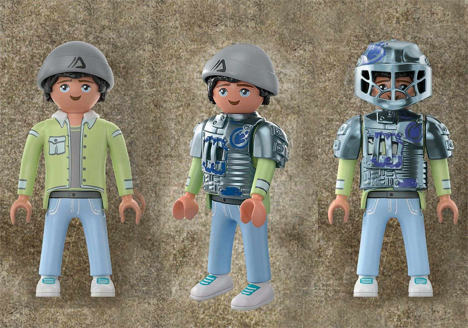 Drei Spielfiguren derselben Figur in verschiedenen Outfits: eine freizeitliche Jacke, einen Rüstungsanzug und eine futuristische Rüstung mit Helm.
