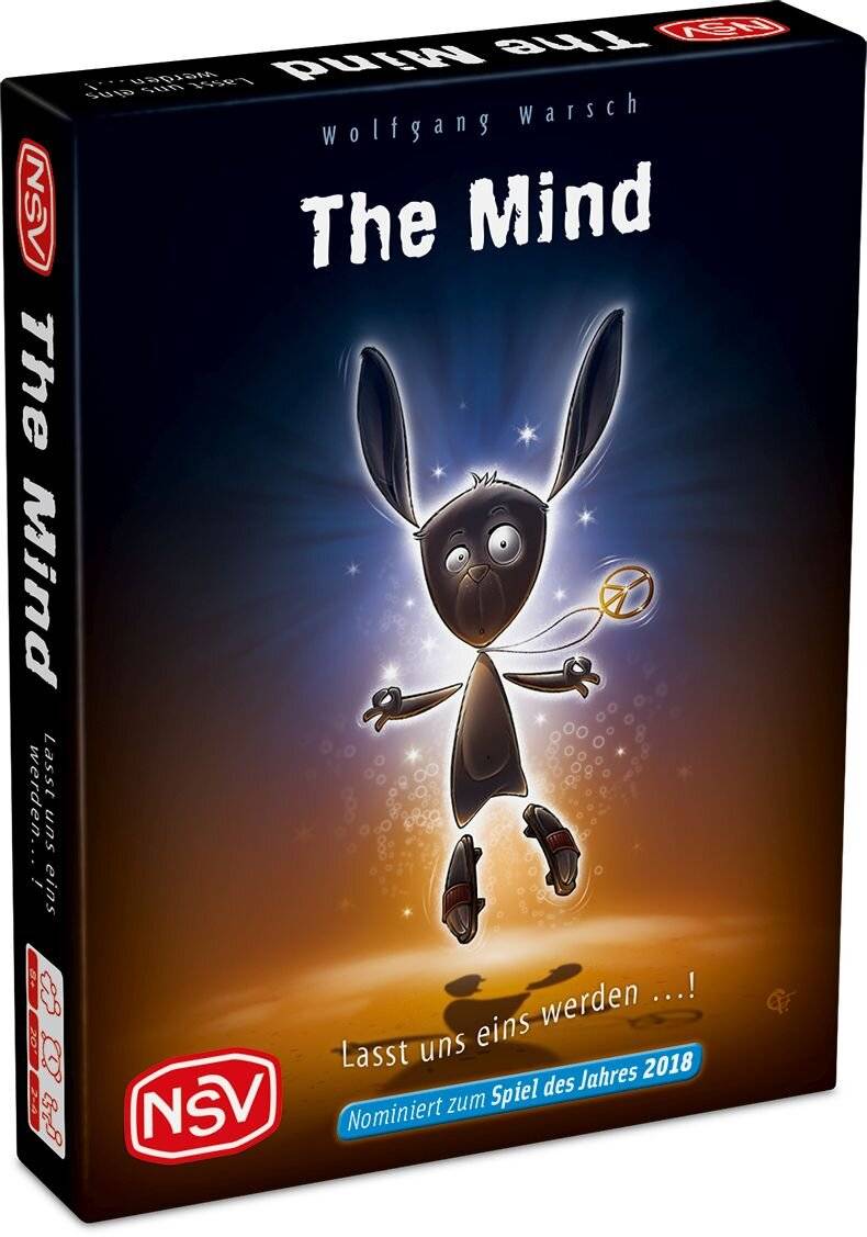 Brettspielbox für „The Mind" von Wolfgang Warsch, die eine leuchtende kaninchenähnliche Gestalt zeigt, die auf einem dunkelblau und orange gefärbten Cover schwebt.