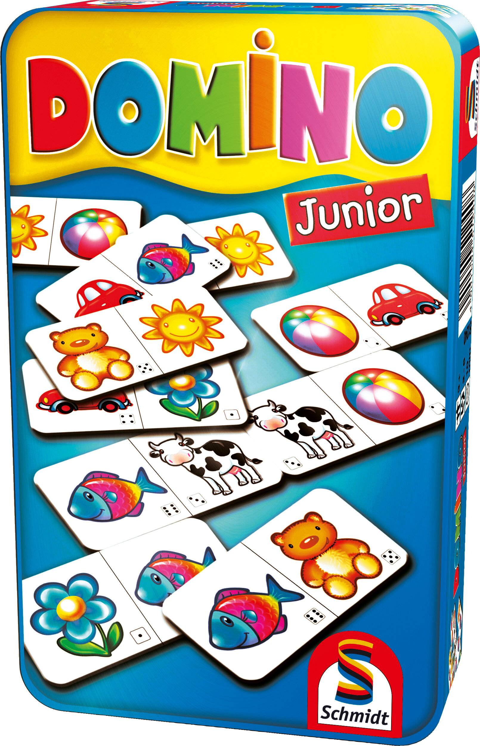 Gelbe Ligretto Kids Spielschachtel mit bunten Tierkarten und dem Schmidt-Logo auf weißem Hintergrund.