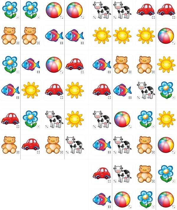 Ein Gitter aus farbenfrohen Emoji-Symbolen mit einigen roten Autos, Kühen, Teddybären, Blumen, Strandkugeln, Fischen und Sonnen.