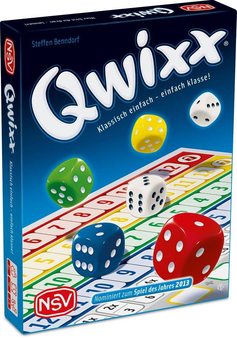 Spielschachtelbild für das Brettspiel Qwixx von NSV, das farbige Würfel über einem nummerierten Bewertungsgitter zeigt, mit dem Slogan 'Klassisch einfach - einfach klasse!
