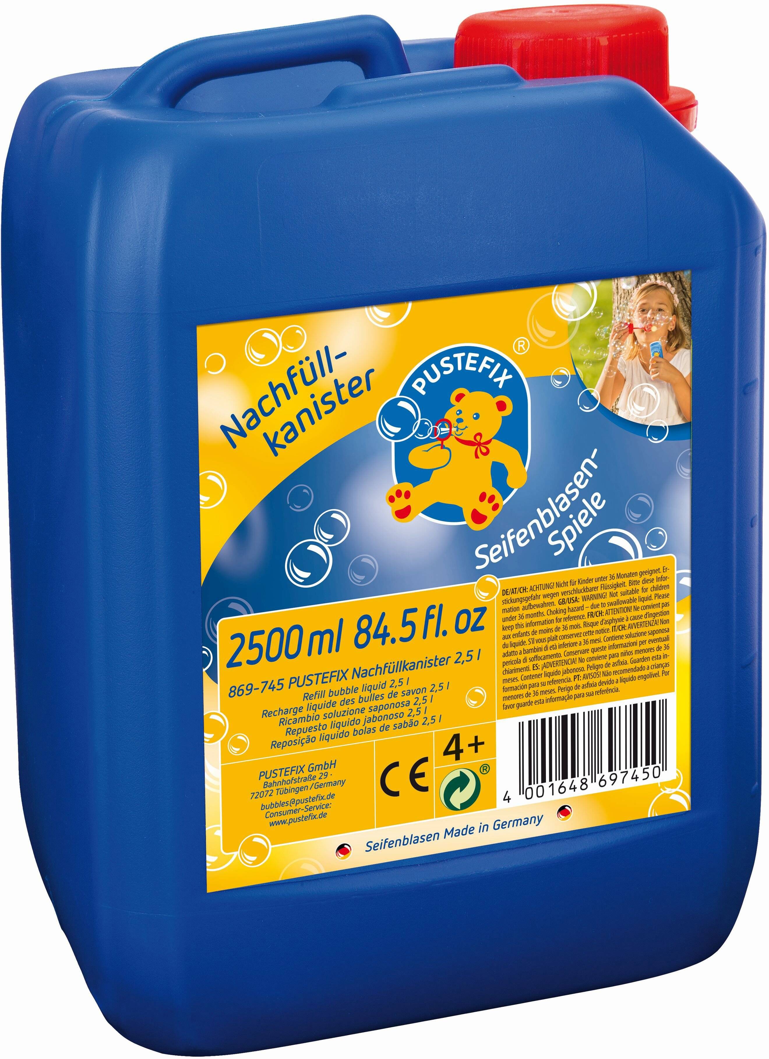 Blauer Kunststoff-Nachfüllkanister mit rotem Deckel für PUSTEFIX-Seifenblasen-Lösung, beschriftet mit „Nachfüllkanister