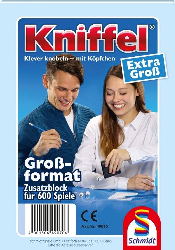Eine Kniffel-Spielschachtel mit einem lachenden Mann und einer Frau beim Spielen, gekennzeichnet mit 'Extra Groß', 'Großformat Zusatzblock für 600 Spiele', mit Schmidt-Logo.