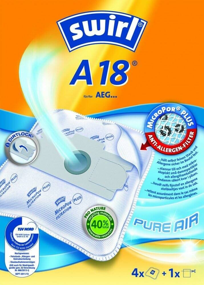 Swirl A 18 MicroPor Plus Staubsaugerbeutel für AEG Staubsauger, Anti-Allergen-Filter, 4 Stück inkl. Filter