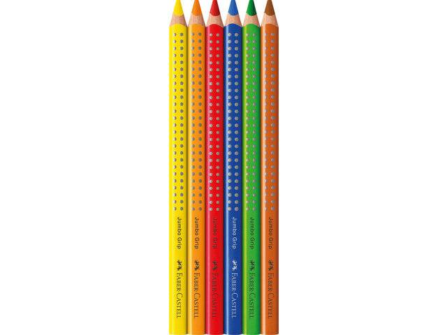 Sechs angespitzte Buntstifte stehen aufrecht in einer Reihe, jeder mit punktierten Mustern und Faber-Castell-Branding.