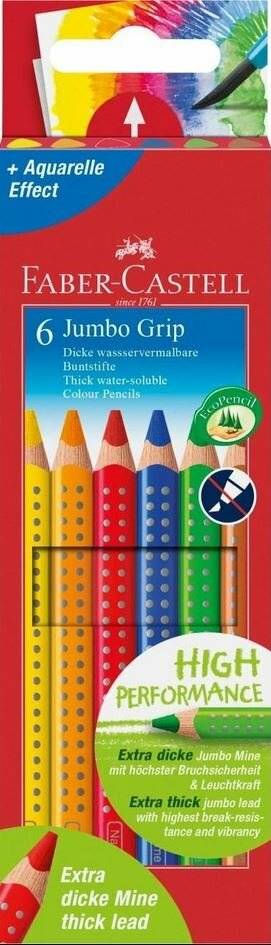 Faber-Castell 6 Jumbo Grip Farbstiften-Packung, gekennzeichnet als Hochleistung und mit Aquarell-Effekt, mit sechs leuchtenden Stiften auf der Verpackung gezeigt.