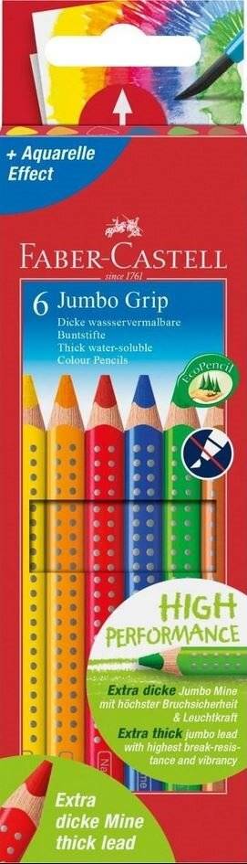 Verpackung für Faber-Castell 6 Jumbo Grip Buntstifte, die einen Aquarell-Effekt und hochleistungsfähige, extra dicke dreieckige Stifte in mehreren Farben zeigt.