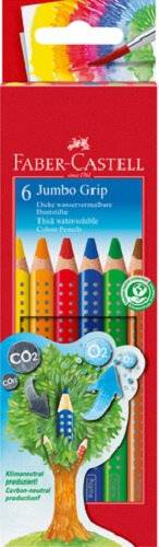 Faber-Castell 6 Jumbo Grip Buntstifte mit regenbogenfarbig bemalter Spitze und baumförmigem Öko-Themenetikett.