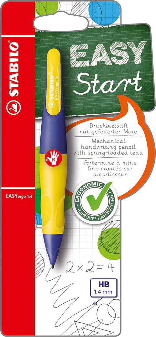 STABILO EASY Start ergonomisches Druckbleistift-Set in Gelb und Blau, mit der Aufschrift „Für Rechtshänder" mit HB 1,4 mm Bleistiftmine.