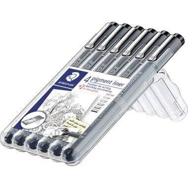 STAEDTLER Pigmentliner Staedtler 308SB6P - schwarz 0,05-0,8 mm metallgefasste Kunststoffspitze 6er-Set