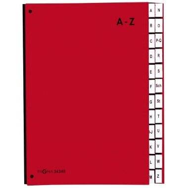 Pultordner A-Z 24-tlg mit Color-Einband rot dehnbarem Rücken und 3 Schaulöchern im Buchblock Blauer Engel zertifiziert