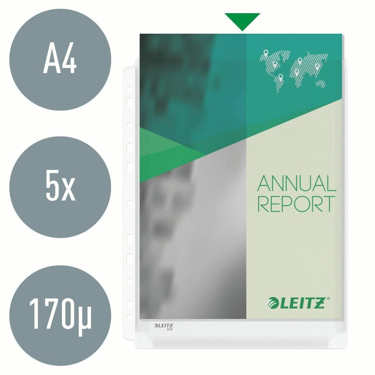 LEITZ Prospekthülle Leitz Maxi 4756 - A4 310 x 236 mm farblos Universallochung oben offen 0,17 mm PVC-Weichfolie Pckg/5