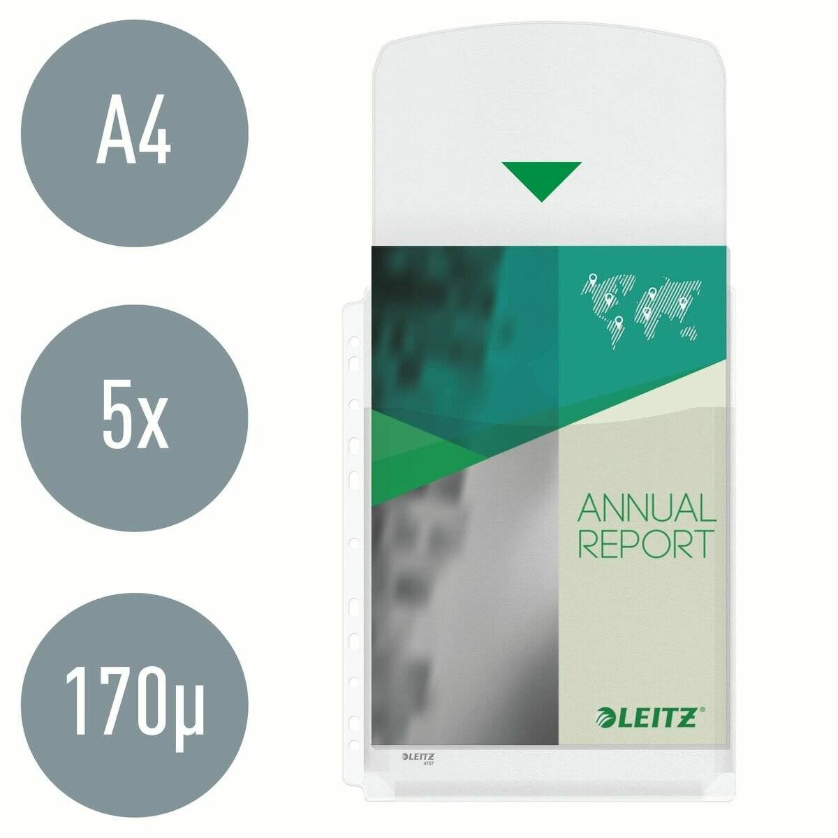 LEITZ Prospekthülle Leitz Maxi 4757 - A4 307 x 236 mm farblos Universallochung oben offen mit Klappe 0,17 mm PVC-Weichfolie Pckg/5