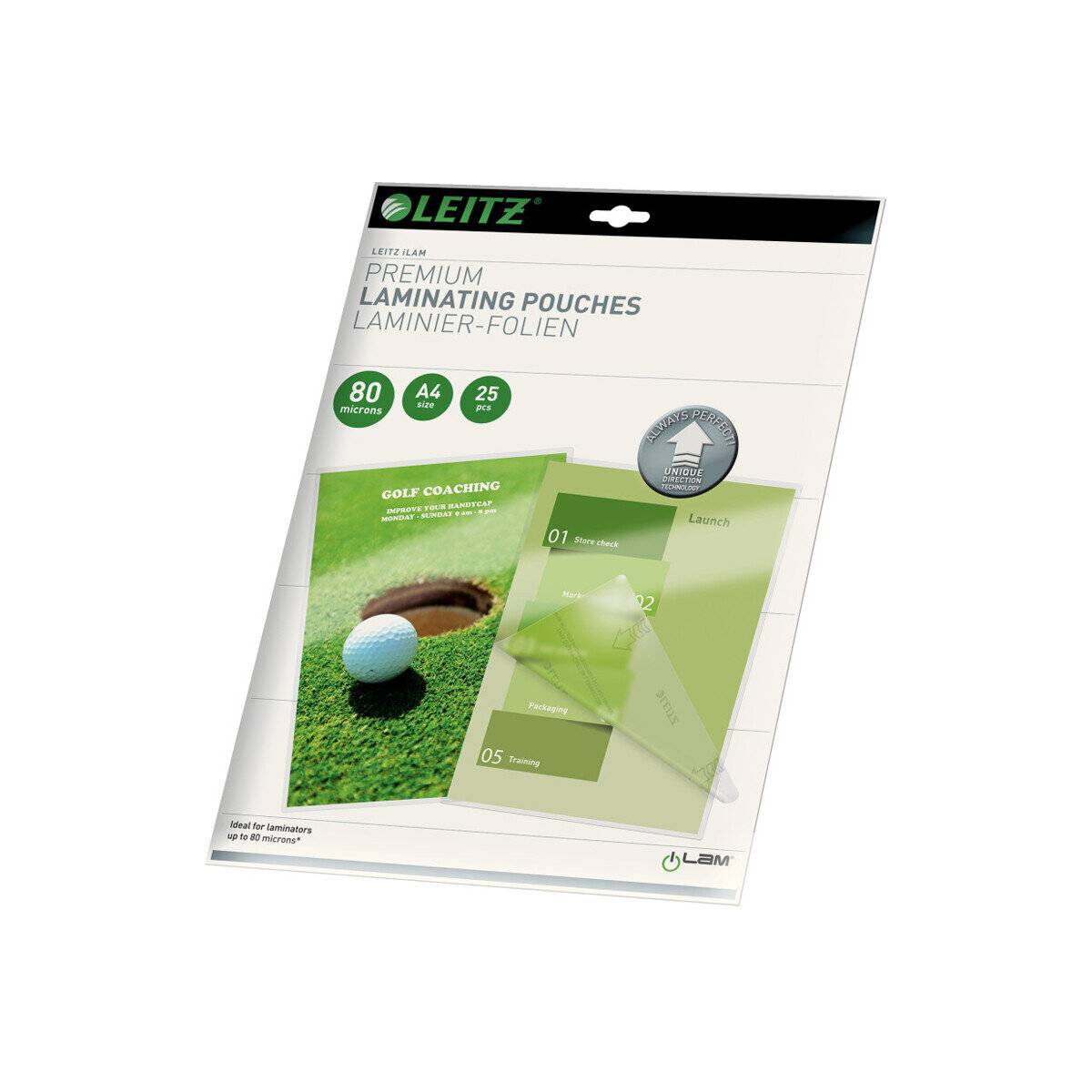 LEITZ Laminierfolie Leitz iLAM UDT 7479 - 303 x 216 mm für A4 80 µm glänzend glasklar Ethyl-Venyl-Acetat Pckg/25