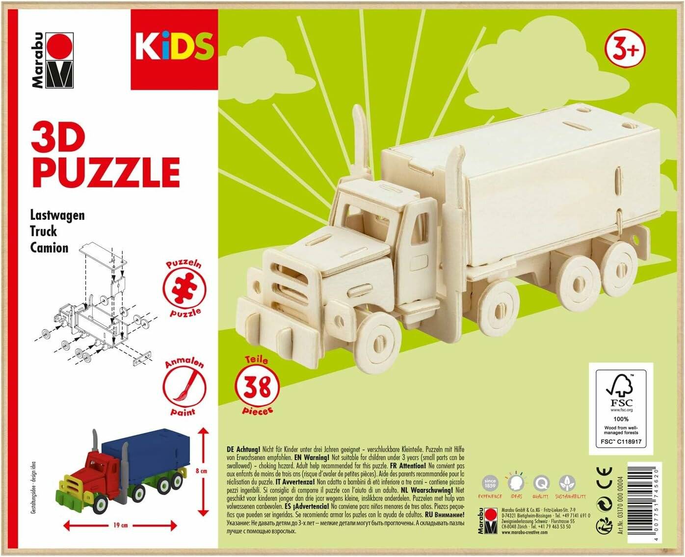 Puzzle Holz 3D KiDS Truck Lastwagen 38Teile zum Ausmalen