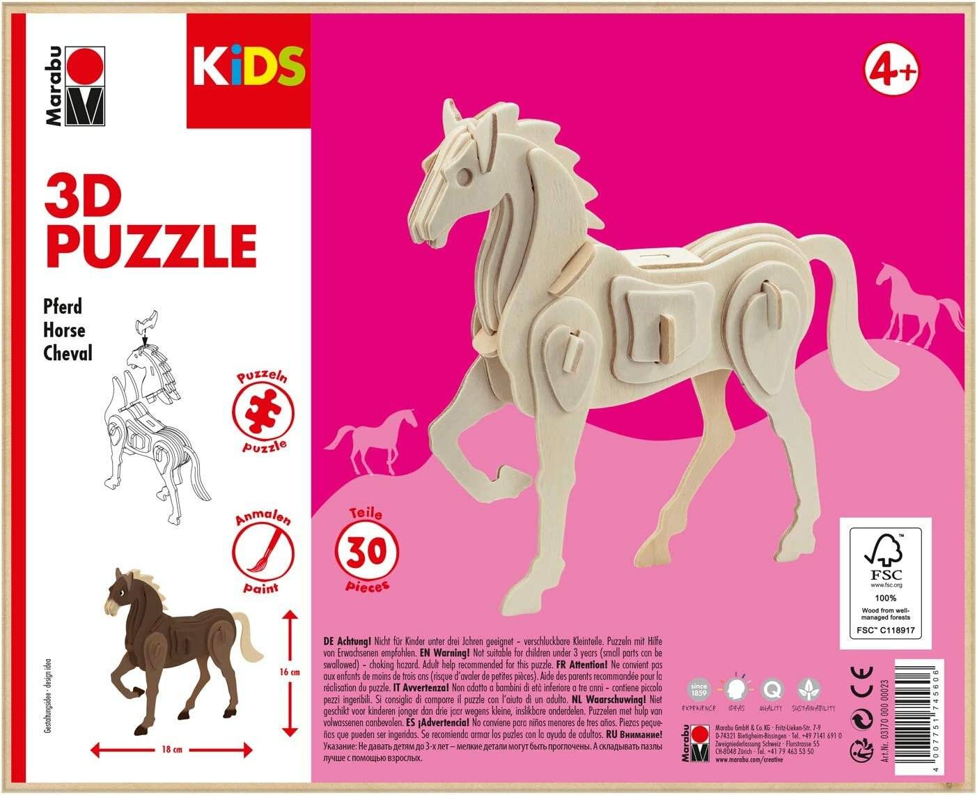 Puzzle Holz 3D KiDS Pferd 30Teile zum Ausmalen ab 3 Jahre (Lieferung ohne Farben)