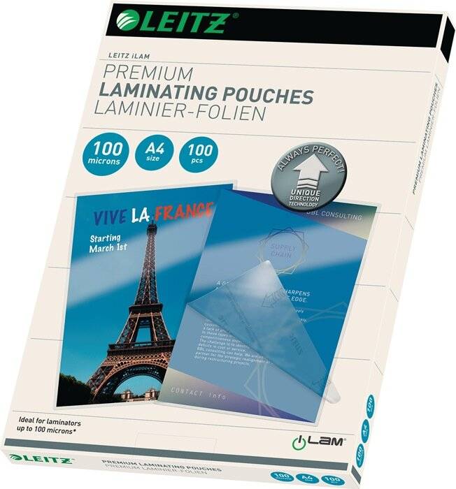 LEITZ Laminierfolie Leitz iLAM UDT 7480 - 303 x 216 mm für A4 100 µm glänzend glasklar Ethyl-Venyl-Acetat Pckg/100