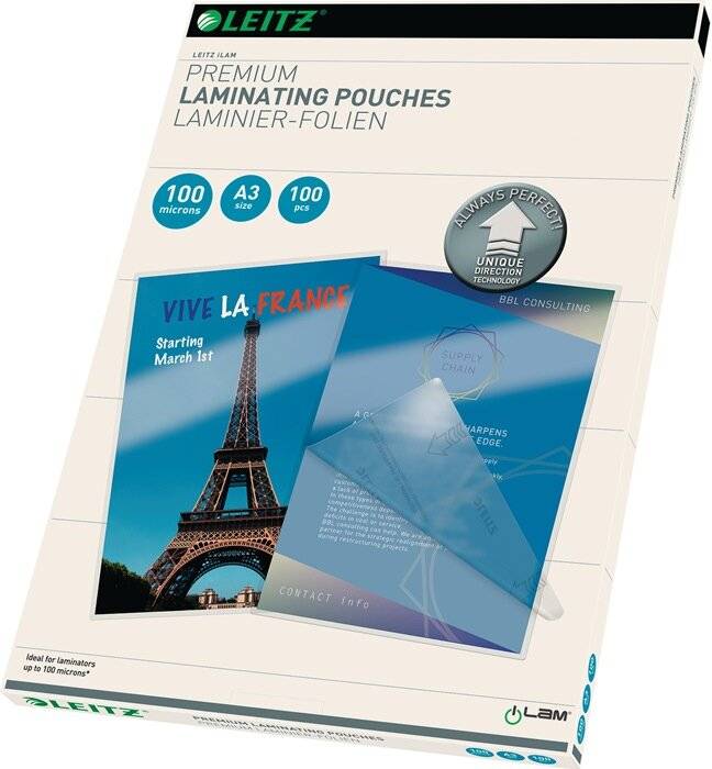 LEITZ Laminierfolie Leitz iLAM UDT 7487 - 426 x 303 mm für A3 100 µm glänzend glasklar Ethyl-Venyl-Acetat Pckg/100