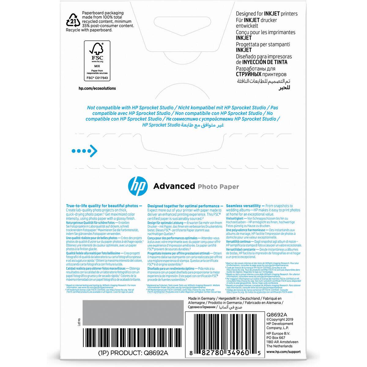HP Fotopapier Advanced Q8692A 10x15cm 25 hochglänzend 100 Bl./Pack.