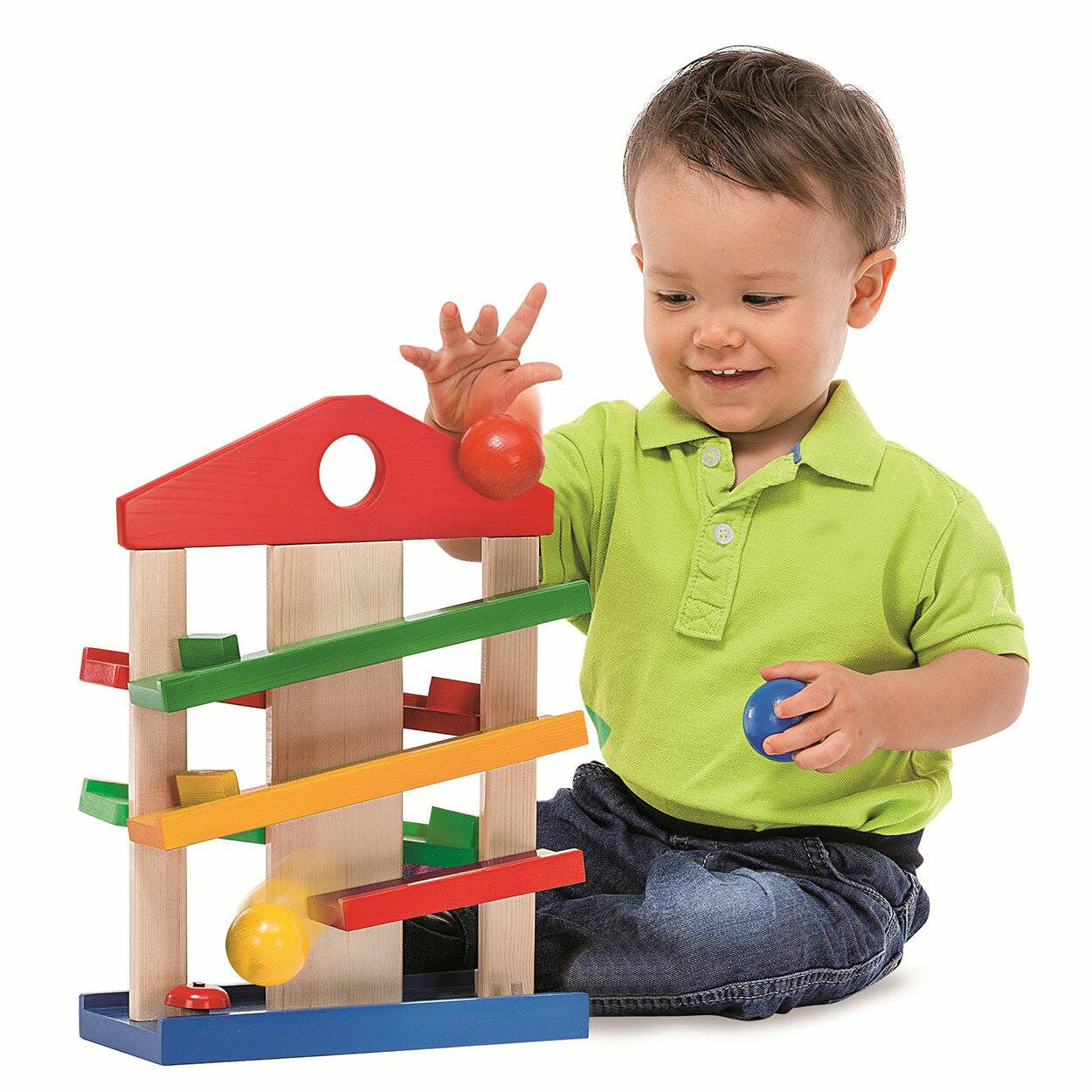 Eichhorn - Kugelbahn-Haus - bunte Rollbahn aus Holz, für Kinder und Babys ab 1 Jahr, mit Glocke und drei Kugeln, Holzspielzeug, Motorikspielzeug