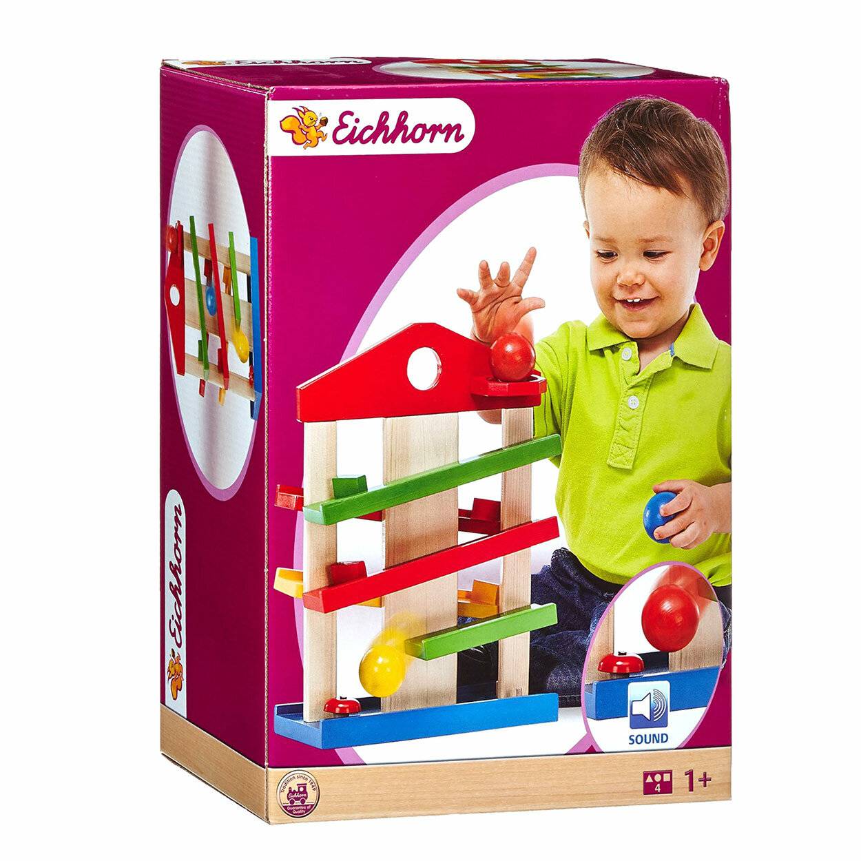 Eichhorn - Kugelbahn-Haus - bunte Rollbahn aus Holz, für Kinder und Babys ab 1 Jahr, mit Glocke und drei Kugeln, Holzspielzeug, Motorikspielzeug