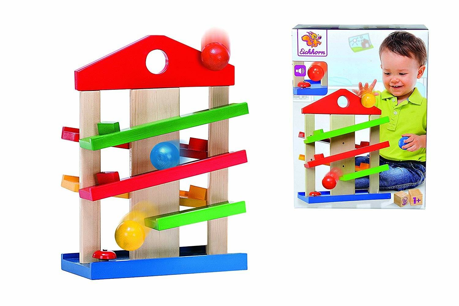 Eichhorn - Kugelbahn-Haus - bunte Rollbahn aus Holz, für Kinder und Babys ab 1 Jahr, mit Glocke und drei Kugeln, Holzspielzeug, Motorikspielzeug